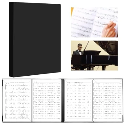 Abbildung von 4 Seitig Notenordner, Aufklappbar A4 Notenmappem, Notenmappe Mit 52 Klarsichthüllen, Schwarz Musikordner, Präsentationsmappe Notenmappe, Musik Notenständer Für Notenblätter Instrumentalist Musiker