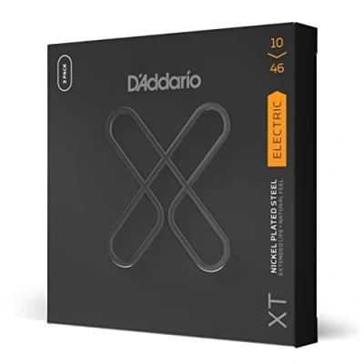 Abbildung von D&#039;Addario E Gitarren Saiten Gitarrensaiten Gitarre XTE1046, vernickelte XT Stahlsaite für Gitarre, Regular Light, 10 46, 3 Sätze