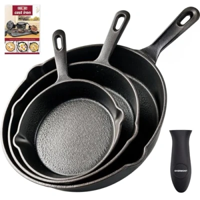 Abbildung von OVERMONT Grillpfanne Gusseisen mit Griff Gusseisenpfanne 3 Stücke Set Voreingebrannte Steakpfannen Bratpfanne Cast Iron Pan für Gasgrill Backofen Kohlegrill