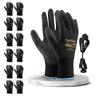Abbildung von FUZZIO 12 Paar Arbeitshandschuhe Herren Gr 9, Mechaniker Handschuhe, Gartenhandschuhe Herren, Damen, Montagehandschuhe Polyurethan Beschichtung mit Handschuhclip