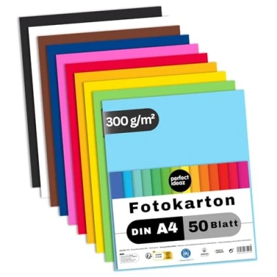 Abbildung von perfect ideaz 50 Blatt Fotokarton DIN A4, 10 Farben, 300 g/m², Made in Germany, Blauer Engel zertifiziert