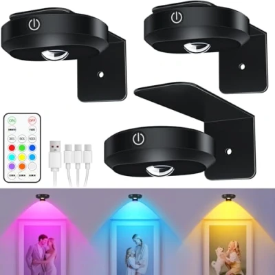Abbildung von WILLED Bilderleuchte akku, Bild beleuchtung wand kabellos, Round USB Aufladbar RGB LED Spots Akku mit Fernbedienung, Wiederaufladbare Bilderlampe, Vitrinenbeleuchtung Timing Funktion(3er Pack)