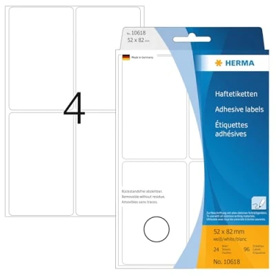 Abbildung von HERMA 10618 Vielzweck Etiketten ablösbar, 96 Stück, 52 x 82 mm, 4 pro Bogen, selbstklebend, Haushaltsetiketten zum Beschriften, matt, blanko Papier Klebeetiketten Aufkleber, weiß