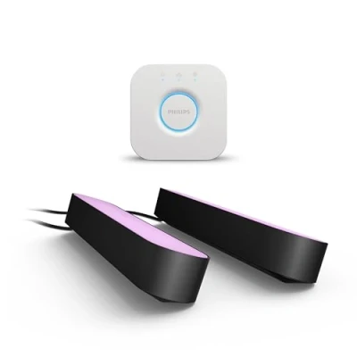 Abbildung von Philips Hue White &amp; Color Ambiance Play Lightbar 2er Pack (500 lm) und Bridge, dimmbare LED für das Lichtsystem mit 16 Mio. Farben, smarte Lichtsteuerung über Sprache oder App,schwarz