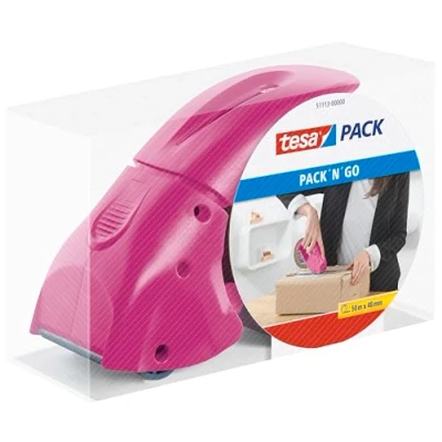 Abbildung von tesa tesapack Abroller Pack&#039; n&#039; Go Ergonomischer, pinker Handabroller für Paketbänder Inklusive 50 m x 48 mm Klebeband