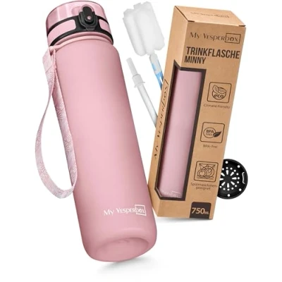 Abbildung von My Vesperbox Minny Kinder Trinkflasche 750ml Auslaufsicher &amp; BPA frei inkl. Ersatzdichtung, Reinigungsbürste, Fruchtsieb optionalem Strohhalm Ideal für Schule, Kindergarten Sport
