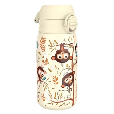 Abbildung von Ion8 Kinder Trinkflasche, Edelstahl 400ml, Auslaufsicher, Einhandöffnung, Sichere Verriegelung, Spülmaschinenfest, Klappdeckel, Tragegriff, Leicht zu Reinigen, Langlebig, Affen Design