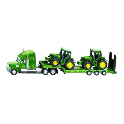 Abbildung von siku 1837, Tieflader mit 2 John Deere Traktoren, 1:87, Metall/Kunststoff, Grün, Klappbare Heckklappe