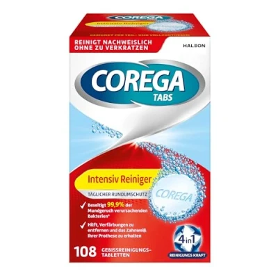Abbildung von Corega Reinigungs TABS Intensiv Reiniger Rundumschutz für herausnehmbaren Zahnersatz/dritte Zähne, 1x108 Gebissreinigungstabletten