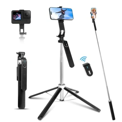 Abbildung von 180cm Handy Stativ, Romon Selfie Stick Quad 360 Drehung Aluminium ausziehbarer Stativ Ständer mit BT, kompatibel iPhone Android Telefon, Kamera