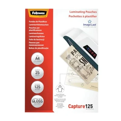 Abbildung von Fellowes Laminierfolien A4 ImageLast, 125 Mikron (2 x Mikron), 25 Stück, transparent mit Ausrichtungshilfe. Ideal für Fotos und Informationshinweise optimalem Kontrast