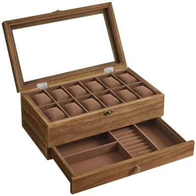 Abbildung von SONGMICS Uhrenbox mit 12 Fächern, Uhrenkasten aus Massivholz, Glasdeckel, Uhrenkissen, Schmuckaufbewahrung, Geschenk für Ihre Liebsten, walnussfarben JOW012K01