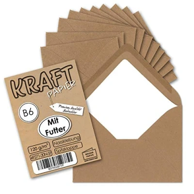 Abbildung von 50x gefütterte Vintage Umschläge DIN B6 125 x 178 mm Kraftpapier 120 g/m² braun Recycling Nassklebung Spitzklappe UmWelt by GUSTAV NEUSER