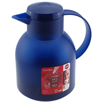 Abbildung von Emsa Samba Isolierkanne 504231 1 Liter Quick Press Verschluss 100% dicht 12h heiß, 24h kalt Transluzent Blau Polypropylen