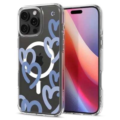 Abbildung von Spigen für iPhone 16 Pro Hülle [Anti Yellowing] Ultra Hybrid MagFit Case Handyhülle Transparent Dünn Slim Kompatibel mit MagSafe Hearts Denim
