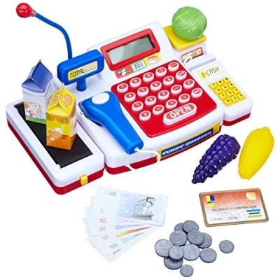 Abbildung von Simba 104525700 Supermarktkasse mit Scanner, Rechner, Laufband, Kartenlesegerät, Mais, Salat, Trauben, Milch, Orangensaft, 16 Münzen, 13 Banknoten, ab 36 Monate 8 Jahre