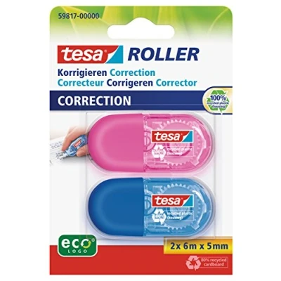 Abbildung von tesa Mini Korrekturroller ecoLogo Band zur Korrektur auf Papier Klein und ergonomisch 6 m x 5 mm Blau/Pink 2er Pack