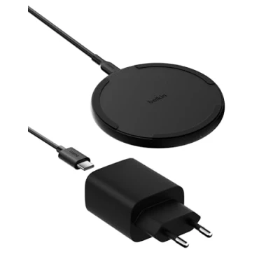 Abbildung von Belkin Kabelloses Ladepad (15 W) Qi Ladegerät, Ladestation für Apple iPhone 16, 15/14/13 Serie, AirPods, Samsung Galaxy S25, S24, Pixel inkl. Netzteil und Kabel Schwarz