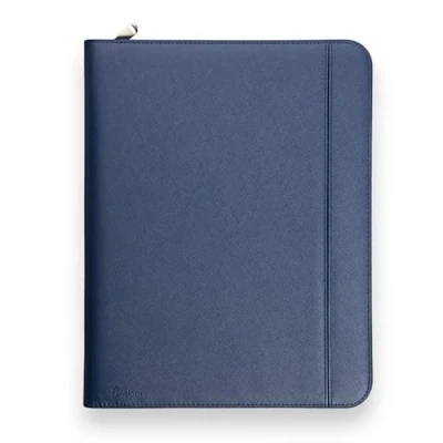Abbildung von Vebon® Schreibmappe A4 groß Rom I Doppel Reißverschluss + Klemmbrett Konferenzmappe Laptoptasche extra Stauraum Schwarz Kunstleder (Saphirblau)