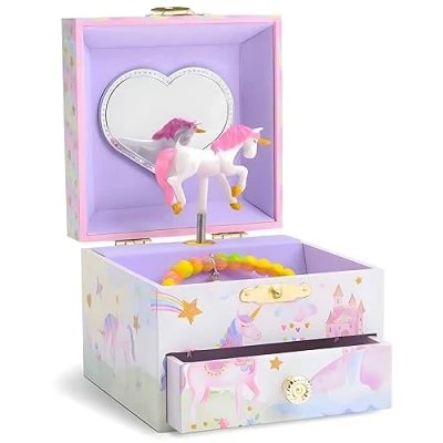 Abbildung von Jewelkeeper Schmuckkästchen Mädchen Musikalische Schmuckaufbewahrung mit Schublade Glitzerndes Regenbogen Einhorn; Rosa Schatzkiste für Kinderschmuck; Einhorn Geschenke 8x10x10 cm