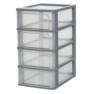 Abbildung von Iris Ohyama, Kunststoff Schubladenbox mit 4 flachen Schubladen, Grau, Easy Pull System, A4, A5 &amp; A6 Format, Schreibtisch Organizer für Büro, Schule, Schreibwaren, BPA frei, Schubladenschrank, OCH 2004