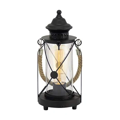 Abbildung von EGLO Tischlampe Bradford, 1 flammige Vintage Tischleuchte, Laterne, Nachttischlampe aus Stahl, Farbe: Schwarz, Glas: klar, Fassung: E27, inkl. Schalter