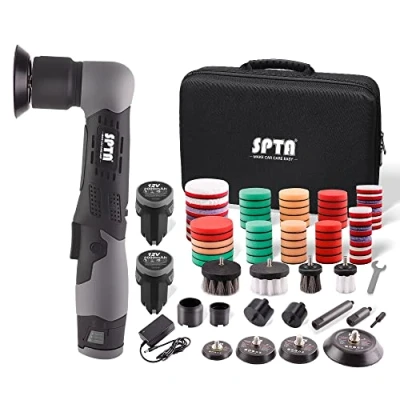 Abbildung von SPTA Akku Poliermaschine, Winkelpolierer, 12V Mini Exzenter Poliermaschine Polierer Mit, 25mm/50mm/80mm Polierteller/Polierschwamm/Wollscheibe, zum Polieren von Auto