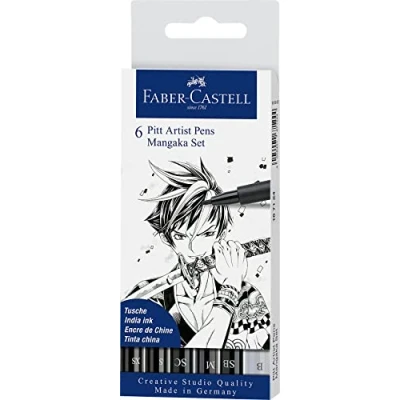 Abbildung von FABER CASTELL 167124 Tuschestift Pitt Artist Pen Mangaka, Schreibfarbe schwarz und grau mit verschiedenen Spitzen, 6er Etui