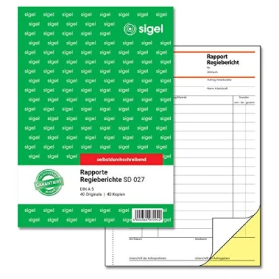Abbildung von SIGEL SD027 Rapport / Regiebericht A5, 2x40 Blatt, selbstdurchschreibend, 1 Stück, mikroperforiert, mit Abheftlochung, aus nachhaltigem Papier