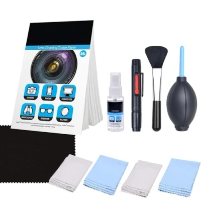 Abbildung von Camkix Kameraobjektiv Reinigungsset Luftgebläse, 2in1 Objektivreinigungsstift, Reinigungspinsel, Sprühflasche mit Reinigungslösung, Objektivreinigungs Papiertuch, Mikrofaser Reinigungstücher