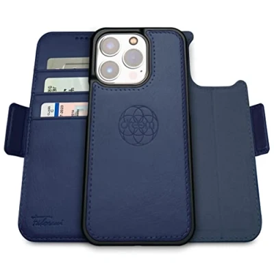 Abbildung von Dreem Fibonacci iPhone 14 Pro Geldbörsen Hülle / 2 in 1 Stoßfestes MagSafe Case und abnehmbares Luxus Vegan Leder Folio mit RFID Kartenschutz Ständer; für Frauen Männer Königsblau