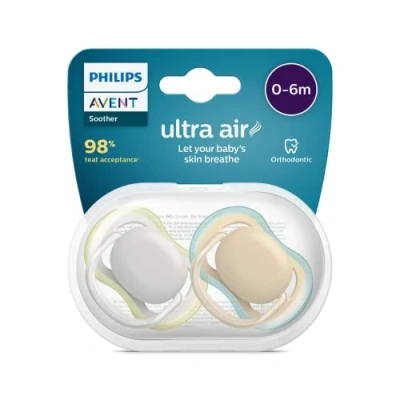 Abbildung von Philips Avent Ultra Air Schnuller 2 Stück Bisphenol A für 0 6 Monate Kinder (Modell SCF085/15) Braun/Grün