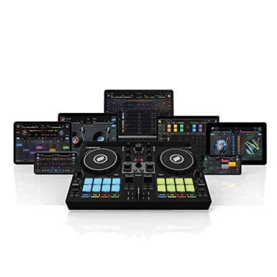 Abbildung von Reloop BUDDY kompakter 2 Kanal DJ Controller für Algoriddim dJay auf iOS, iPadOS, Android, Mac und PC mit RGB Performance Pads, FX Paddeln Neural Mix Steuerung AMS
