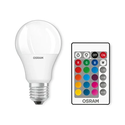Abbildung von Osram LED Base Classic A RGBW Lampe, in Kolbenform mit E27 Sockel, dimmbarkeit und Farbsteuerung per Fernbedienung, Ersetzt 60 Watt, Warmweiß 2700 Kelvin, 1er Pack