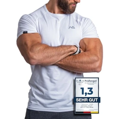 Abbildung von Herren Fitness T Shirt modal Männer Kurzarm für Gym &amp; Training Passform Slim Fit, lang mit Rundhals, Weiß, M