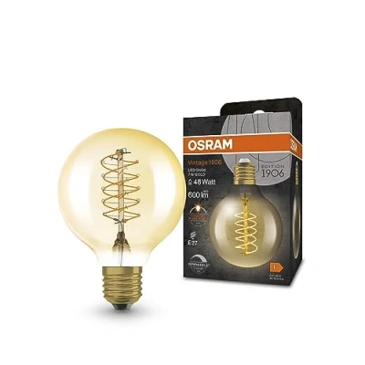 Abbildung von OSRAM Vintage 1906 LED Lampe mit Gold Tönung, 7W, 600lm, Kugel Form 80mm Durchmesser &amp; E27 Sockel, warmweiße Lichtfarbe, spiralförmiges Filament, dimmbar, bis zu 15.000 Stunden Lebensdauer