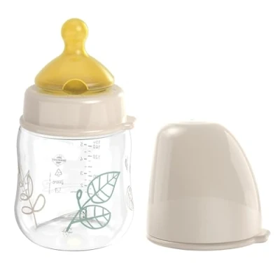 Abbildung von nip Weithalsflasche Babyflasche mit Ventil für optimalen Lufteinstrom und zwei Naturkautschuk Trinksauger. Stillfreundliche aus robustem Material Gr. S, 150ml, Beige