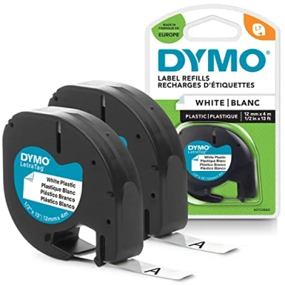 Abbildung von DYMO Original LetraTag Etikettenband schwarz auf weiß 12 mm x 4 m selbstklebendes Kunststoff Schriftband für Beschriftungsgerät 2 Etikettenkassetten