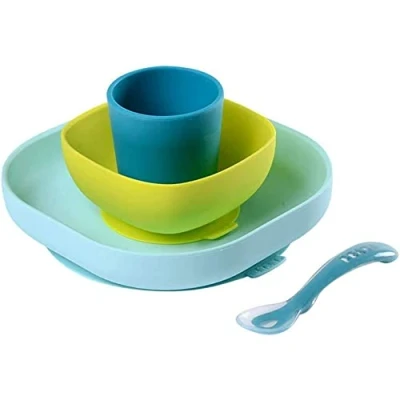 Abbildung von BÉABA, Baby Essensset aus Silikongeschirr, Mit Saugnapf, Rutschfest, 4 Teile, Teller + Schüssel Glas Löffel, Gesundes und nachhaltiges Silikon, Spülmaschinenfest, Mikrowellengeeignet, Blau