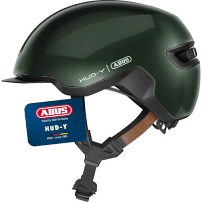 Abbildung von ABUS Urban Helm HUD Y mit magnetischem, aufladbarem LED Rücklicht &amp; Magnetverschluss cooler Fahrradhelm für den Alltag Damen und Herren Grün, Größe M