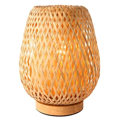 Abbildung von Schindora handgefertigt Boho Bambus kleine Tischlampe Weiden gewebte Schreibtischlampe, Tischlichter für Schlafzimmer Nacht