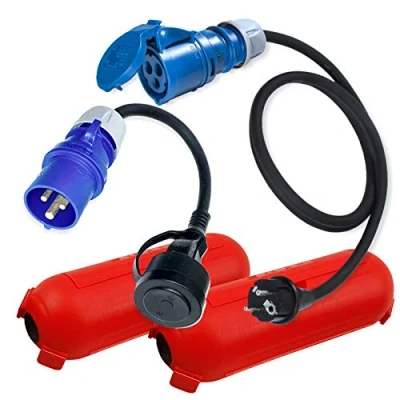 Abbildung von IntuiFlex CEE Adapter Kabel Schuko Stecker Kupplung Schutzbox/Kabelbox Set Rot Camping Zubehör Boot Wohnmobil Wohnwagen Garten Gummikabel H07RN F 3x2,5mm² 230V 16A Strom 1,5m 0,3m