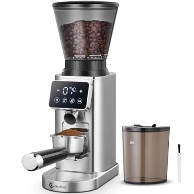 Abbildung von AMZCHEF Kaffeemühle Elektrisch mit Abnehmbarem Halter für Siebträger und Behälter 24 Mahlgrad Einstellbar Espresso/Drip/Pour Over/Cold Brew/French Press