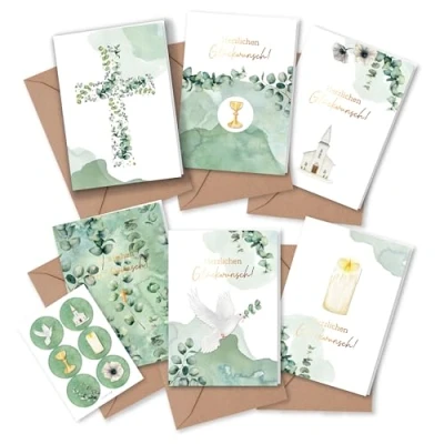 Abbildung von Papierdrachen 6 Glückwunschkarten für christliche Feste wie Taufe, Kommunion, Konfirmation, Firmung Motiv Eukalyptus Klappkarten mit Umschlag und passenden Stickern DIN A6 Set 1