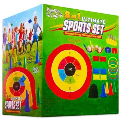 Abbildung von KreativeKraft Outdoor Spiele für Kinder Set Kindergeburtstag Draußen Party Wurfspiele Gartenspiele Eierlauf Spiel Sackhüpfen Ringe (8 in 1 Set)