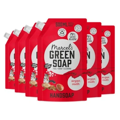 Abbildung von Marcel&#039;s Green Soap Handseife Nachfüllpack Argan &amp; Oudh Flüssigseife Spender 100% Umweltfreundlich Vegan 97% Biologisch abbaubar 6er Pack 500 ml