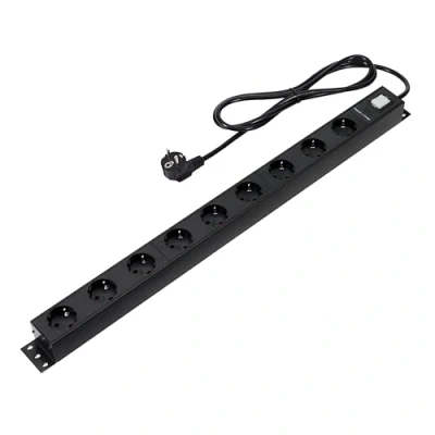 Abbildung von Amazon Basics Steckdosenleiste, robustes Metall, Überspannungsschutz, Rechteckig, 9 Steckdosen (EU Stecker), 600 Joule, 1,8 m langes Kabel, Schwarz