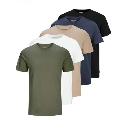 Abbildung von JACK &amp; JONES Herren JJEORGANIC Basic Tee SS O Neck 5PK T Shirt, Kurzarm, White+Black+Navy Blazer+Dusty Olive+Crockery, XL