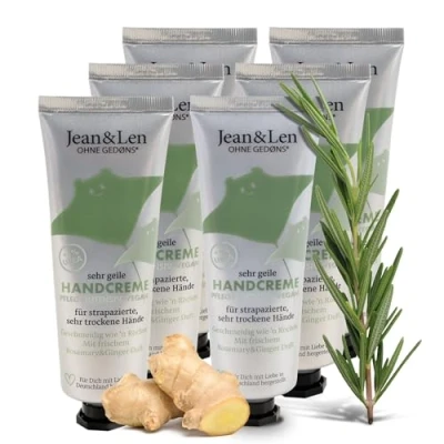 Abbildung von Jean &amp; Len Sehr Geile Handcreme Rosemary Ginger, mit Urea, Handpflege für trockene rissige Hände, spendet Feuchtigkeit pflegt intensiv, ohne Parabene Silikone, Set, vegan, 6 x 75 ml