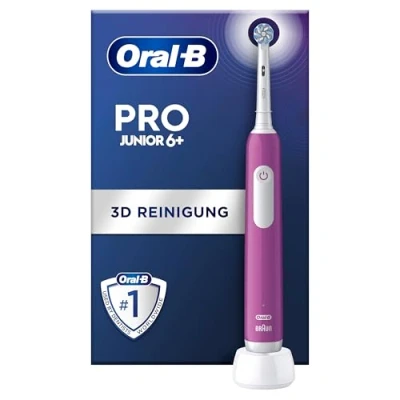 Abbildung von Oral B Pro Junior Elektrische Zahnbürste/Electric Toothbrush für Kinder ab 6 Jahren, Drucksensor, 3 Putzmodi inkl. Sensitiv Zahnpflege, weiche Borsten &amp; Timer, Designed by Braun, lila